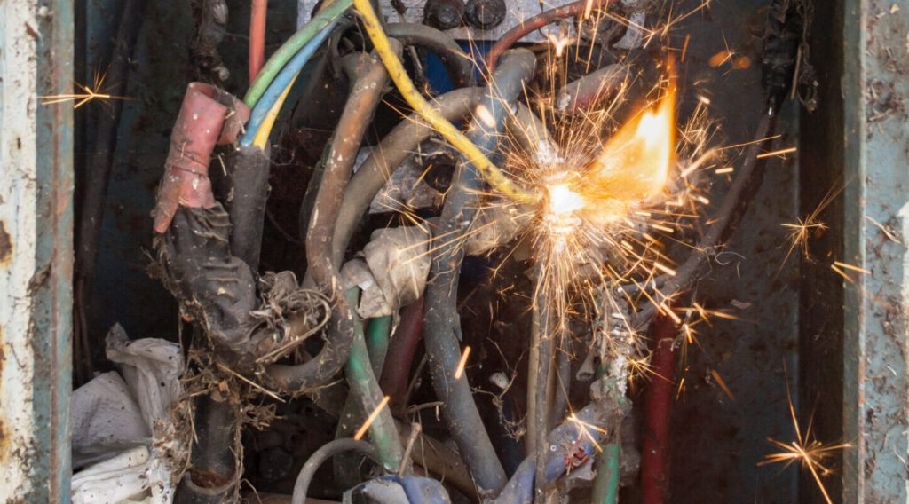 breaker box with sparks flying during a DIY furnace installation